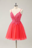 Hot Pink A Line Spaghetti Straps Homecoming Dress with Appliques