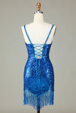 Sparkly Bodycon Spaghetti Straps Sequins Short Blue Homecoming Dress with Tassel
