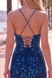 Sparkly Bodycon Spaghetti Straps Sequins Short Blue Homecoming Dress with Tassel