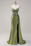 Green Mermaid Side Streamer Pleated Long Corset Satin Prom Dress With Slit