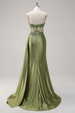 Green Mermaid Side Streamer Pleated Long Corset Satin Prom Dress With Slit