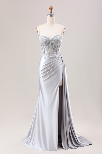 Silver Mermaid Sheer Long Corset Satin Formal Dress With Slit