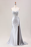 Silver Mermaid Sheer Long Corset Satin Formal Dress With Slit