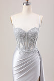 Silver Mermaid Sheer Long Corset Satin Formal Dress With Slit