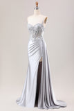 Silver Mermaid Sheer Long Corset Satin Formal Dress With Slit