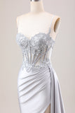 Silver Mermaid Sheer Long Corset Satin Formal Dress With Slit