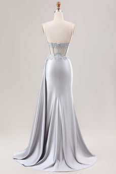 Silver Mermaid Sheer Long Corset Satin Formal Dress With Slit
