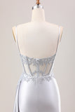 Silver Mermaid Sheer Long Corset Satin Formal Dress With Slit