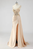 Silver Mermaid Sheer Long Corset Satin Formal Dress With Slit