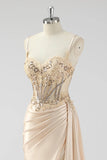 Silver Mermaid Sheer Long Corset Satin Formal Dress With Slit