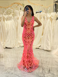 Orange Charming Mermaid Deep V Neck Sparkly Sequin Formal Dress with Embroidery