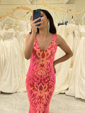 Orange Charming Mermaid Deep V Neck Sparkly Sequin Formal Dress with Embroidery