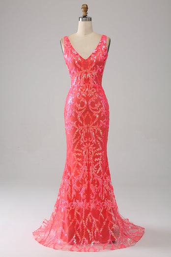 Stunning Mermaid V Neck Coral Sequins Long Formal Dress with Embroidery