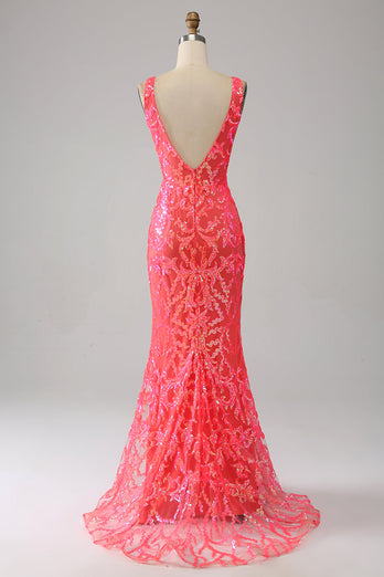 Stunning Mermaid V Neck Coral Sequins Long Formal Dress with Embroidery