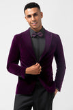 Dark Purple Peak Lapel One Button Velvet Men's Formal Blazer