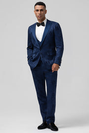 Dark Blue 3 Piece Peak Lapel Jacquard One Button Men's Formal Suits