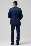 Dark Blue 3 Piece Peak Lapel Jacquard One Button Men's Formal Suits