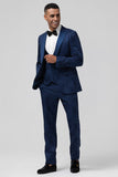 Dark Blue 3 Piece Peak Lapel Jacquard One Button Men's Formal Suits