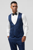 Dark Blue 3 Piece Peak Lapel Jacquard One Button Men's Formal Suits