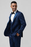 Dark Blue 3 Piece Peak Lapel Jacquard One Button Men's Formal Suits