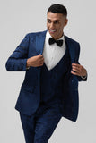 Dark Blue 3 Piece Peak Lapel Jacquard One Button Men's Formal Suits