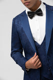 Dark Blue 3 Piece Peak Lapel Jacquard One Button Men's Formal Suits