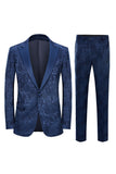 Peak Lapel Dark Blue Jacquard Men's Formal Suits