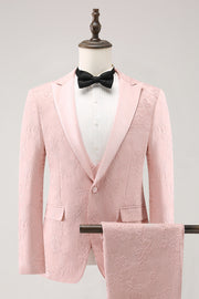 Light Pink 3 Piece Peak Lapel Jacquard One Button Men's Formal Suits