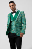 Green Peak Lapel  3 Piece Jacquard One Button Men's Formal Suits