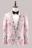 Pink Shawl Lapel Floral Jacquard One Button Men's Formal Blazer