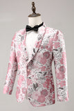 Pink Shawl Lapel Floral Jacquard One Button Men's Formal Blazer