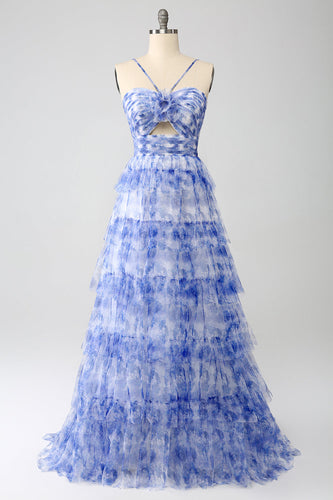 Blue Printed A Line Tiered Hollow-Out Long Formal Dress