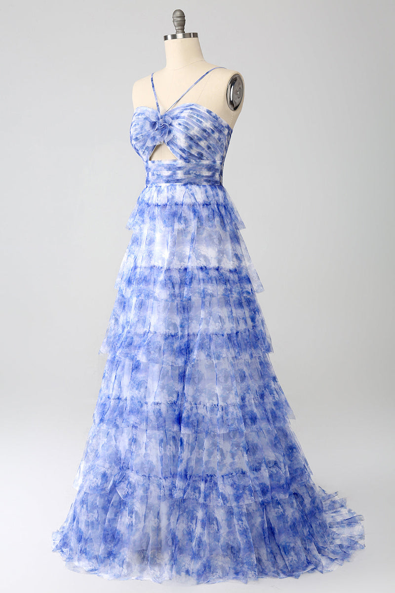Load image into Gallery viewer, Blue Printed A Line Tiered Hollow-Out Long Formal Dress