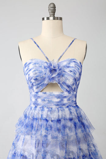 Blue Printed A Line Tiered Hollow-Out Long Formal Dress