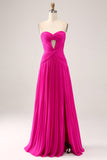 Fuchsia A Line Sweetheart Pleated Keyhole Long Formal Dress With Slit