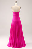 Fuchsia A Line Sweetheart Pleated Keyhole Long Formal Dress With Slit