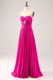 Fuchsia A Line Sweetheart Pleated Keyhole Long Formal Dress With Slit