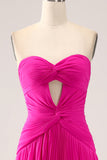 Fuchsia A Line Sweetheart Pleated Keyhole Long Formal Dress With Slit