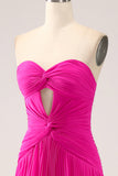 Fuchsia A Line Sweetheart Pleated Keyhole Long Formal Dress With Slit