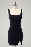 Sparkly Dark Blue Square Neck Bodycon Cocktail Dress With Slit