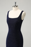 Sparkly Dark Blue Square Neck Bodycon Cocktail Dress With Slit