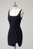 Sparkly Dark Blue Square Neck Bodycon Cocktail Dress With Slit