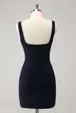 Sparkly Bodycon Dark Blue Square Neck Mini Cocktail Dress with Slit