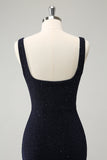 Sparkly Dark Blue Square Neck Bodycon Cocktail Dress With Slit