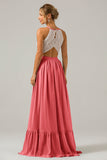 Keyhole Dusty Sage Halter Chiffon Boho Long Bridesmaid Dress with Lace