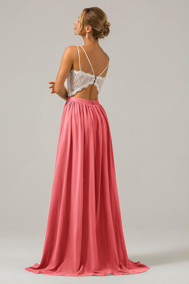 Load image into Gallery viewer, Vintage Mauve Spaghetti Straps Open Back Chiffon Long Boho Bridesmaid Dress with Lace