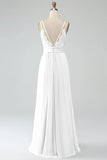 A-Line Twilight Spaghetti Straps Pleated Chiffon Long Bridesmaid Dress