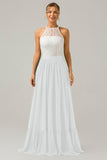 Keyhole Dusty Sage Halter Chiffon Boho Long Bridesmaid Dress with Lace