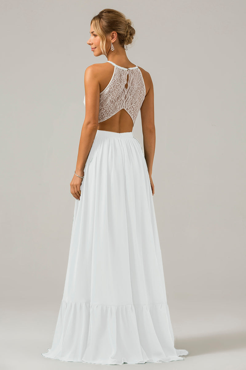 Load image into Gallery viewer, Keyhole Dusty Sage Halter Chiffon Boho Long Bridesmaid Dress with Lace