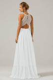 Keyhole Dusty Sage Halter Chiffon Boho Long Bridesmaid Dress with Lace